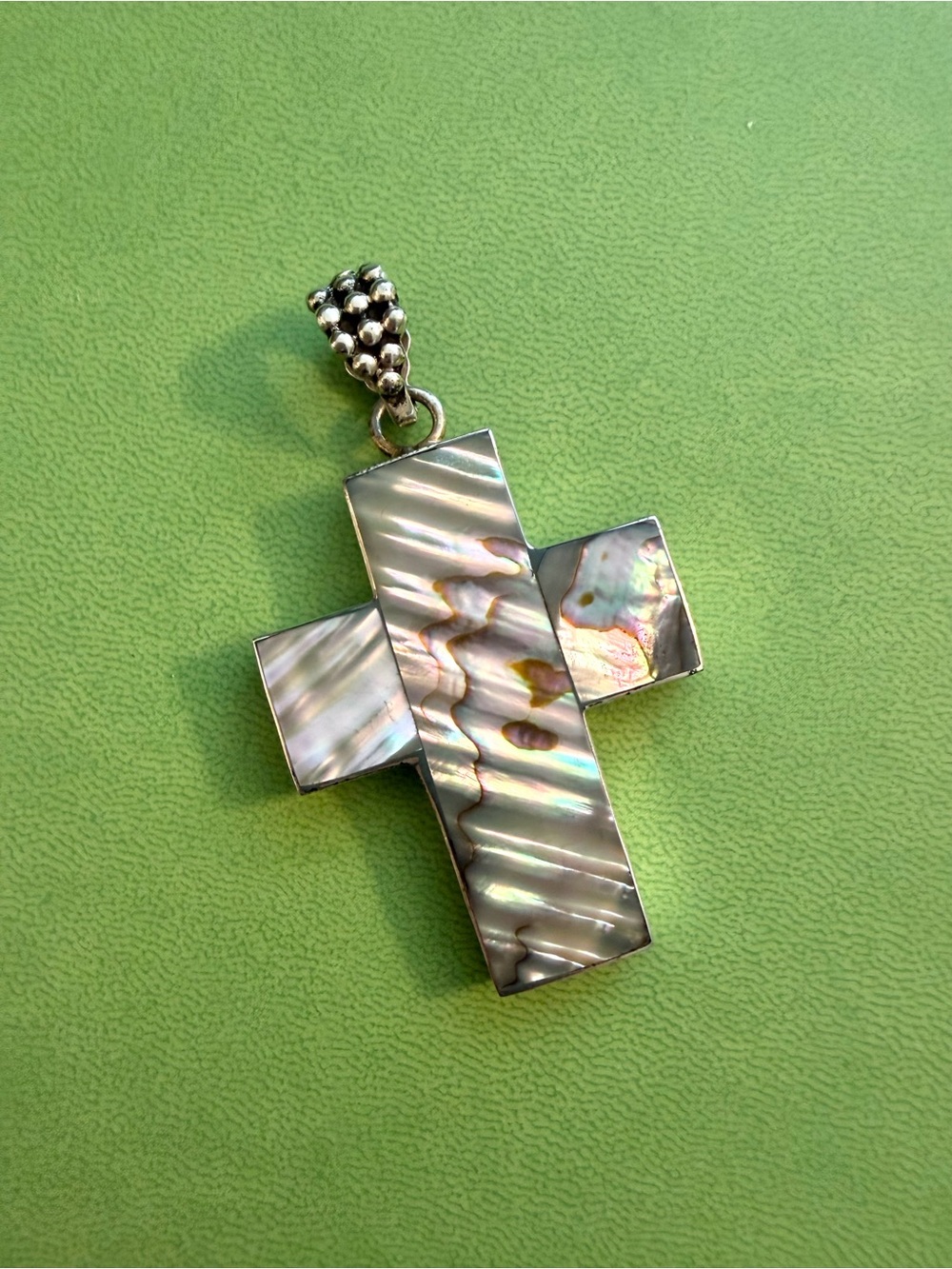Mexico Artist Signed 925 Sterling Silver Cross Abalone Shell Pendant Necklace - Picture 2 of 4